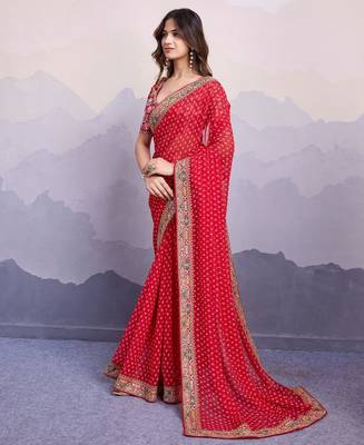 Red embroidered  georgette sarees with abstract blouse 1