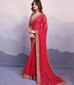 Red embroidered  georgette sarees with abstract blouse