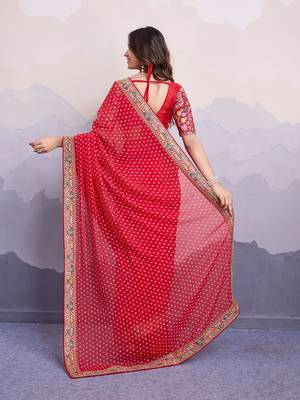 Red embroidered  georgette sarees with abstract blouse 2