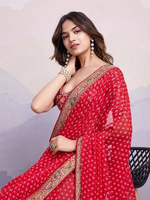 Red embroidered  georgette sarees with abstract blouse 4