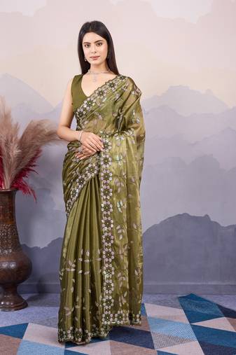 Green embroidered tissue saree with blouse