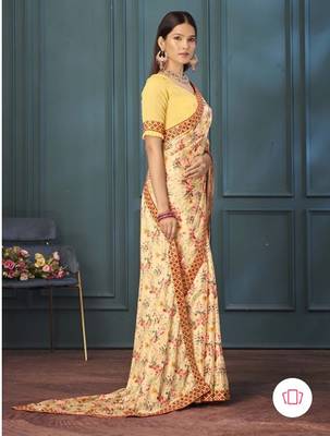 cream printed silk sarees with blouse 2