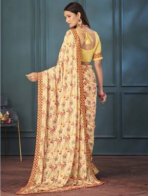 cream printed silk sarees with blouse 3