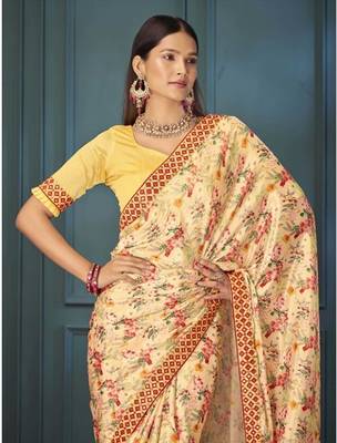 cream printed silk sarees with blouse 4