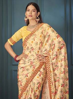 cream printed silk sarees with blouse 5