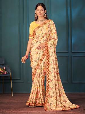 cream printed silk sarees with blouse 1