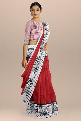 Red printed cotton saree with blouse 1