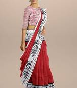 Red printed cotton saree with blouse