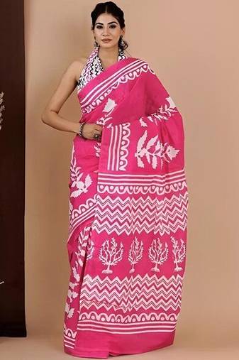 Pink printed cotton sarees with blouse