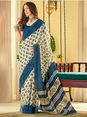 White and Blue Cotton Printed Saree 1