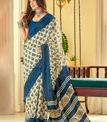 White and Blue Cotton Printed Saree