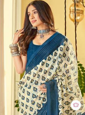 White and Blue Cotton Printed Saree 3
