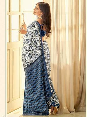 Blue printed cotton saree with blouse 2