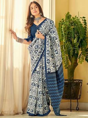 Blue printed cotton saree with blouse 1
