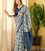 Blue printed cotton saree with blouse