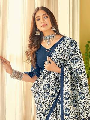 Blue printed cotton saree with blouse 3