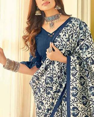 Blue printed cotton saree with blouse 4