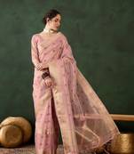 Women's pink organza woven saree pretty pink organza style