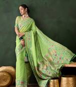 Elegant Pista Green Poly Cotton Woven Saree