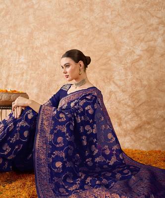 blue art silk saree with weaving design 2