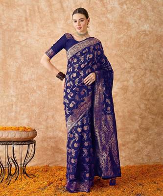 blue art silk saree with weaving design 1
