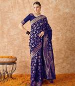 blue art silk saree with weaving design