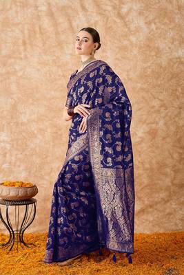 blue art silk saree with weaving design 3