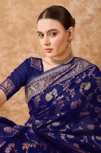 blue art silk saree with weaving design