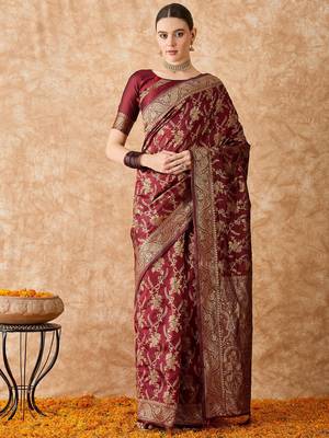 Brown art silk saree with intricate weaving work 1