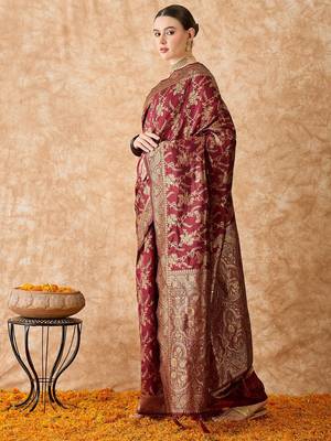 Brown art silk saree with intricate weaving work 3