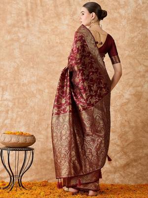 Brown art silk saree with intricate weaving work 4