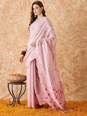 Blush Pink Cotton Saree with Subtle Embroidery 3