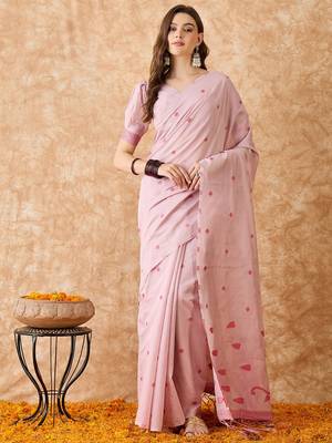 Blush Pink Cotton Saree with Subtle Embroidery 1