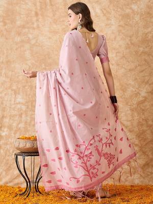 Blush Pink Cotton Saree with Subtle Embroidery 4