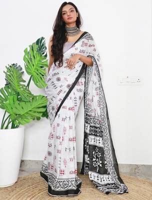 White woven style cotton saree with blouse 1
