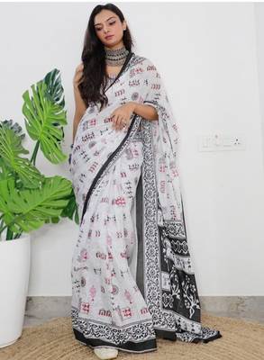 White woven style cotton saree with blouse 2