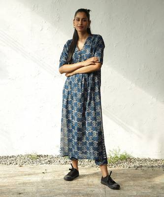 Navy blue cotton block print blossom buds kurta set 1