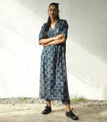 Navy blue cotton block print blossom buds kurta set
