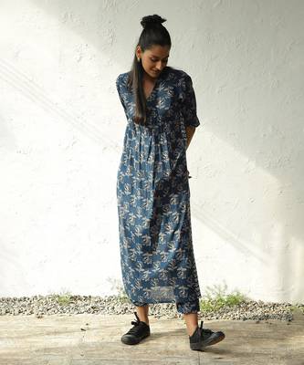 Navy blue cotton block print blossom buds kurta set 2