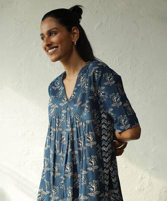 Navy blue cotton block print blossom buds kurta set 4