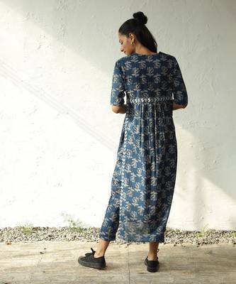 Navy blue cotton block print blossom buds kurta set 5