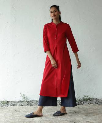 Red/ navy blue karachi lawn/cotton denim tomatina long kurta set 1