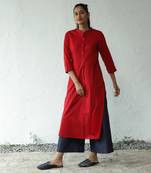 Red/ navy blue karachi lawn/cotton denim tomatina long kurta set