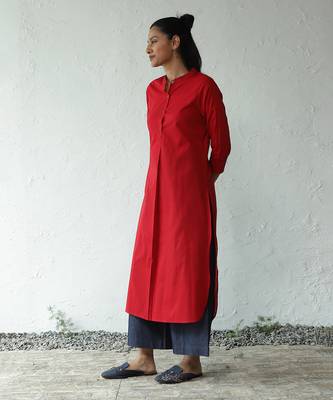 Red/ navy blue karachi lawn/cotton denim tomatina long kurta set 4