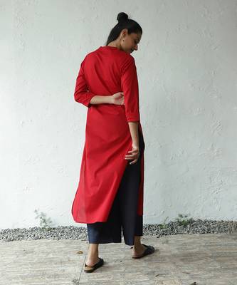 Red/ navy blue karachi lawn/cotton denim tomatina long kurta set 5