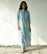 Blue cotton block print morning sky long kurta