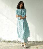 Blue cotton block print morning sky long kurta set