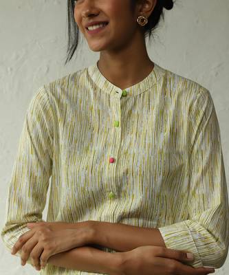 Green cotton block print macaroon long kurta 4