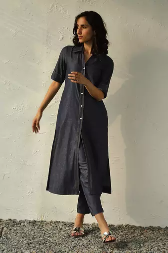 Navy blue cotton denim jetblue denim shirt tunic set