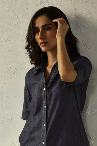 Navy blue cotton denim jetblue denim shirt tunic set